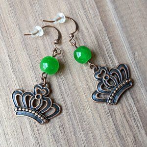Antiqued Copper Royal Crown Dangle Earrings with Bright Green Glass Beads